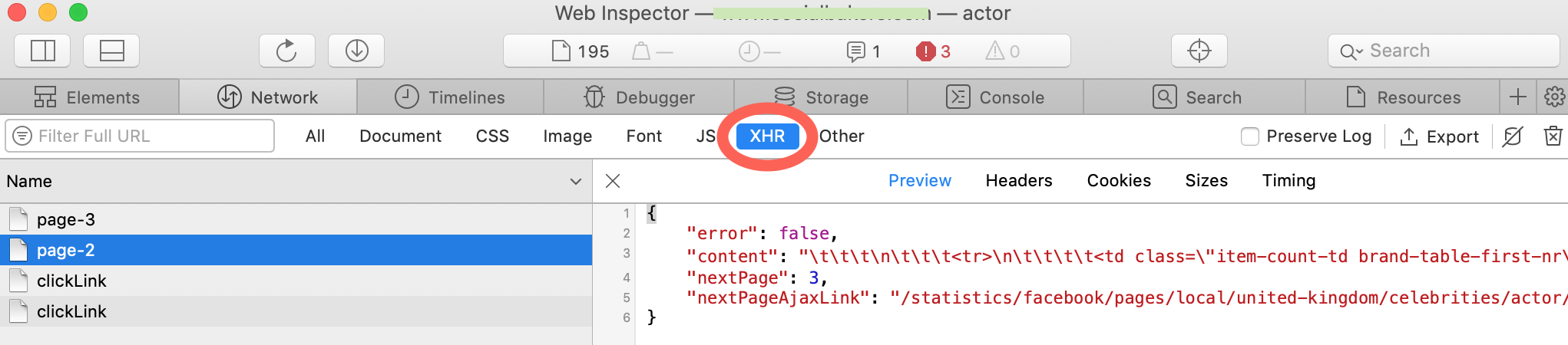 screenshot showing xhr tab preview in developer tools